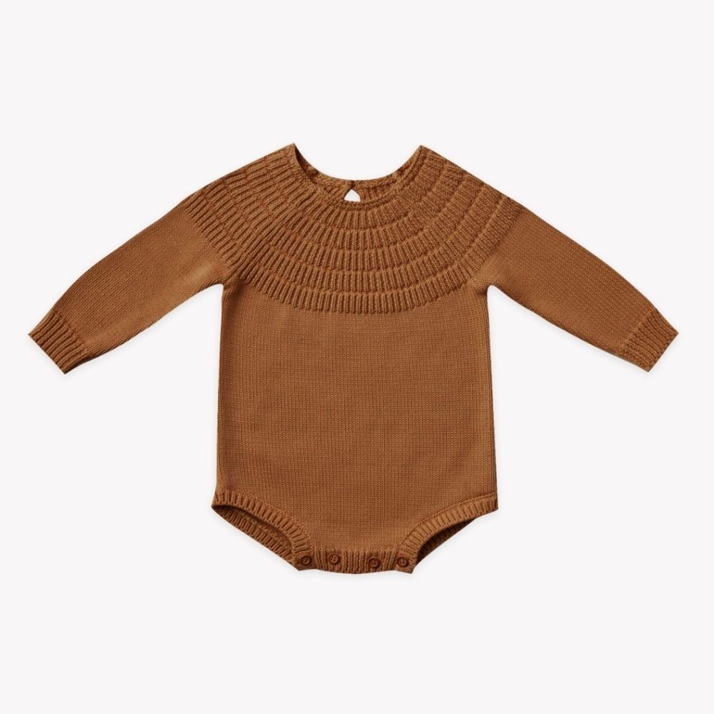 Quincy Mae Knit Dalia Romper in Walnut tan brown 2-3Y